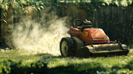 "A lawnmower on a lush green lawn, with half of the grass trimmed, situated in the backyard of a house."