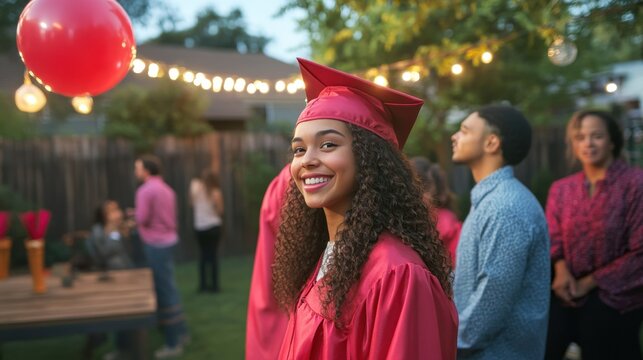 High school graduates celebrating with family and friends at a backyard party with festive decorations and joyful expressions the scene captures the pride and joy of graduation and the support of