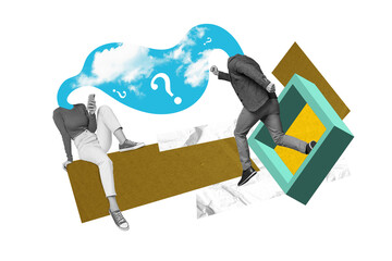 Creative 3d artwork sketch pop collage of weird faceless minded young people question mark clouds...