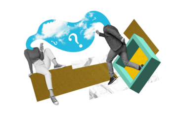 Creative 3d artwork sketch pop collage of weird faceless minded young people question mark clouds heaven isolated on green background