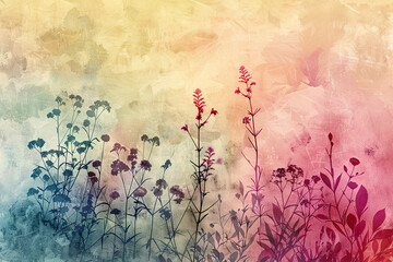 A colorful painting of flowers and leaves with a faded, vintage look generative ai.