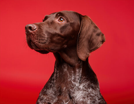 Playful german shorthaired pointer dog sitting in studio looking away against red background