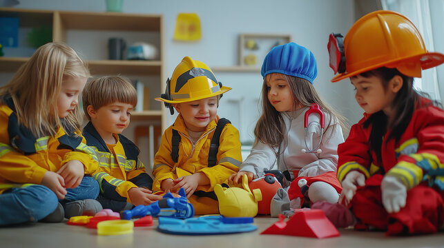 A group of children engaging in imaginative play, dressed up in costumes, doctors,