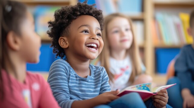 Young children in a bright colorful classroom participating in a storytime session with a teacher reading aloud their wide-eyed attention and the engaging storytelling atmosphere showcase the magic