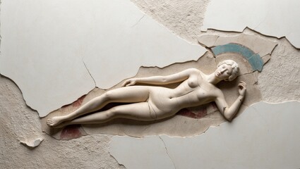 A graceful figure lies peacefully in a weathered wall of plaster