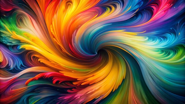 Vibrant multicolored brushstrokes swirl and dance across a dark background, creating a dynamic abstract composition with expressive energy and tactile texture.