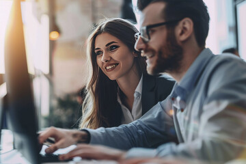 Two young professionals collaborate on a task using a computer in a bright, modern office setting.