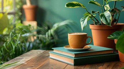 Cozy Coffee Break with Books and Plants