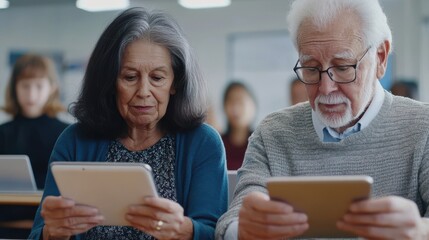 An elderly couple attending a technology class, learning how to use smartphones and tablets, with the instructor patiently explaining, showcasing the importance of digital literacy for all ages, the