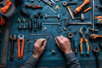 A pair of hands skillfully using various hand tools laid out on a blue fabric, showcasing an assortment of wrenches, pliers, screwdrivers, and other mechanical tools.