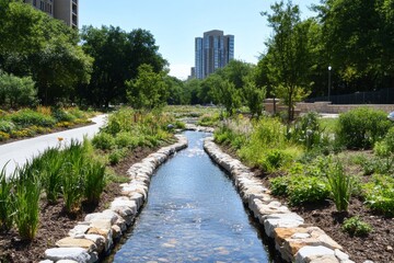 A revitalized riverbank features native plants and recycled materials, exemplifying environmental restoration and innovative recycling solutions.