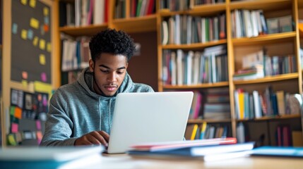 A young African American teacher working online on a laptop in a bright and organized home office environment surrounded by educational materials and books illustrating the modern blend of remote