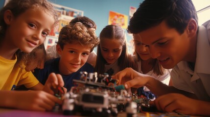 A dynamic scene of a group of young students in a science classroom, experimenting with a small robot, the students eagerly watching as the robot moves and performs tasks, a teacher guiding them