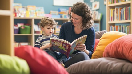 A heartwarming image of a teacher assisting a young student in a reading corner, the student holding a picture book, while the teacher points to the words, encouraging the child to read aloud, the