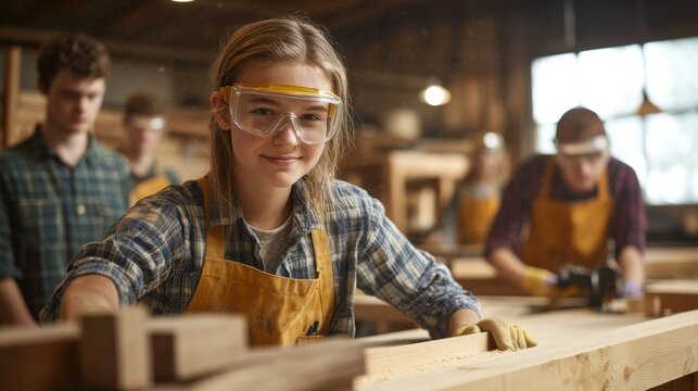 A lively scene of students in a woodworking class, a group of young people wearing safety goggles and aprons, working on various projects, some sanding wood, others using saws and drills, the