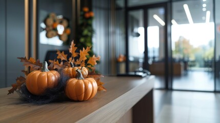 A reception area in an office with a Halloween wreath on the front desk, featuring miniature pumpkins and cobwebs, welcoming visitors with a festive touch