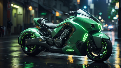 A futuristic, green motorcycle is parked in a city street at night. The street is wet from rain.

