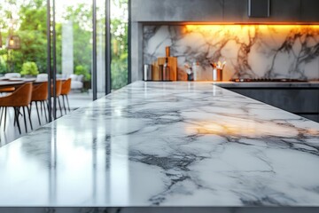 elegant marble countertop fading into blurred kitchen background soft lighting highlighting luxurious surface textures and creating an atmosphere of sophistication