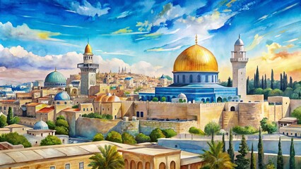 Fototapeta premium Vibrant watercolor illustration of Jerusalem's iconic skyline featuring the Dome of the Rock, Western Wall, and Tower of David against a serene blue sky.