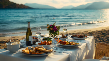 Serene beach dining experience on a Greek island. Crystal-clear ocean views with traditional Greek dishes at sunset.