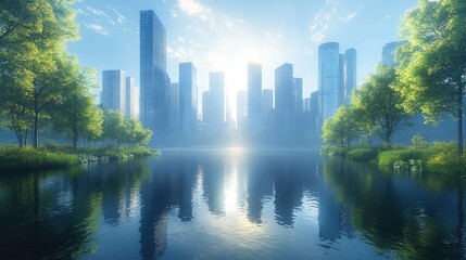 Obraz premium A modern city center in daylight, with skyscrapers sparkling under a clear sky.