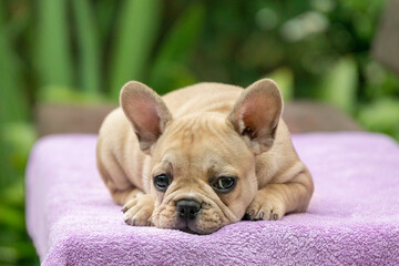 french bulldog puppy sitting in the garden