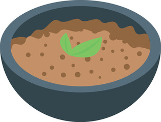 Grey bowl containing brown puree decorated with green leaves