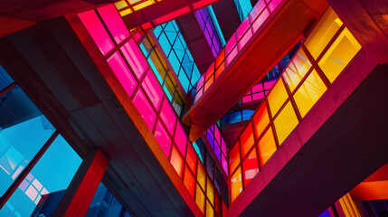 Obraz premium A building with red and blue lights on it