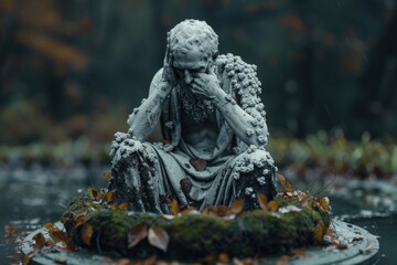 Obraz premium A weathered statue sits in an autumn landscape, covered in lichen and surrounded by fallen leaves, conveying a sense of aging, time, and natural beauty in the outdoor environment.