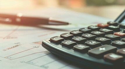 A close-up image of a calculator and a pen. Calculating interest, taxes, and profits for investing in real estate and buying a home.