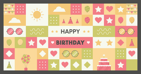 Birthday mosaic background with a cake, balloons, stars, etc. Vector illustration.