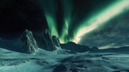 Naklejka premium Aurora australis lighting up the polar night sky over icy terrain