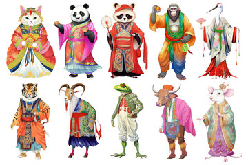 PNG Traditional animal cartoon element set, transparent background