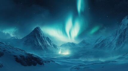 Fototapeta premium Aurora borealis creating a magical scene over a snow-covered valley
