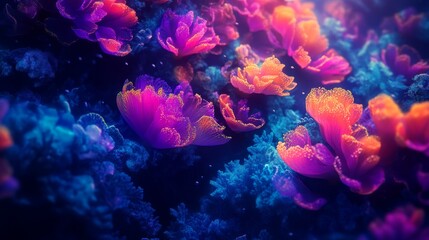 Abstract Neon Flowers and Coral with Glittering Details