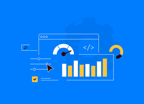 Website performance testing with speed checking, load time, technical seo optimization, analytics, site monitoring. Illustration for web development, SEO and digital performance analysis visuals