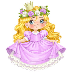 Cute cartoon Princess in lush purple dress wearing a wreath of roses watercolor paint