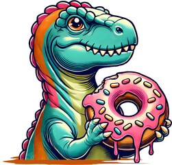 Obraz premium Tauche ein in die süße Welt des Dino-Donut Motivs! Eine perfekte Mischung aus Abenteuer und Genuss, das Dich begeistern wird.Ideal für Dino-Fans und Liebhaber süßer Leckereien