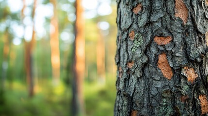 Fototapeta premium Close-up of a pine tree trunk with textured bark in a green forest