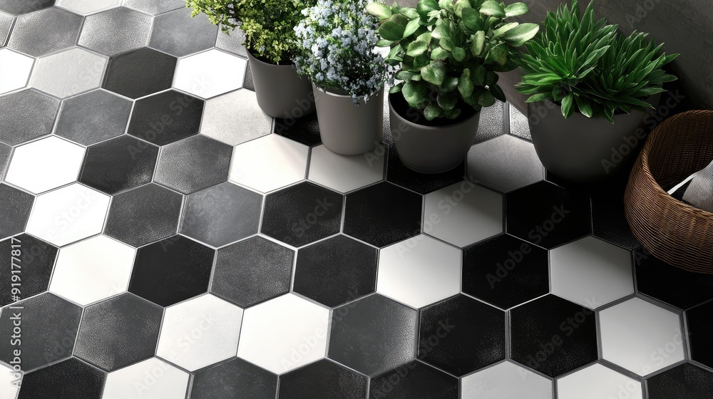 Poster contemporary hexagonal floor tile pattern in monochrome shades, adding a modern touch