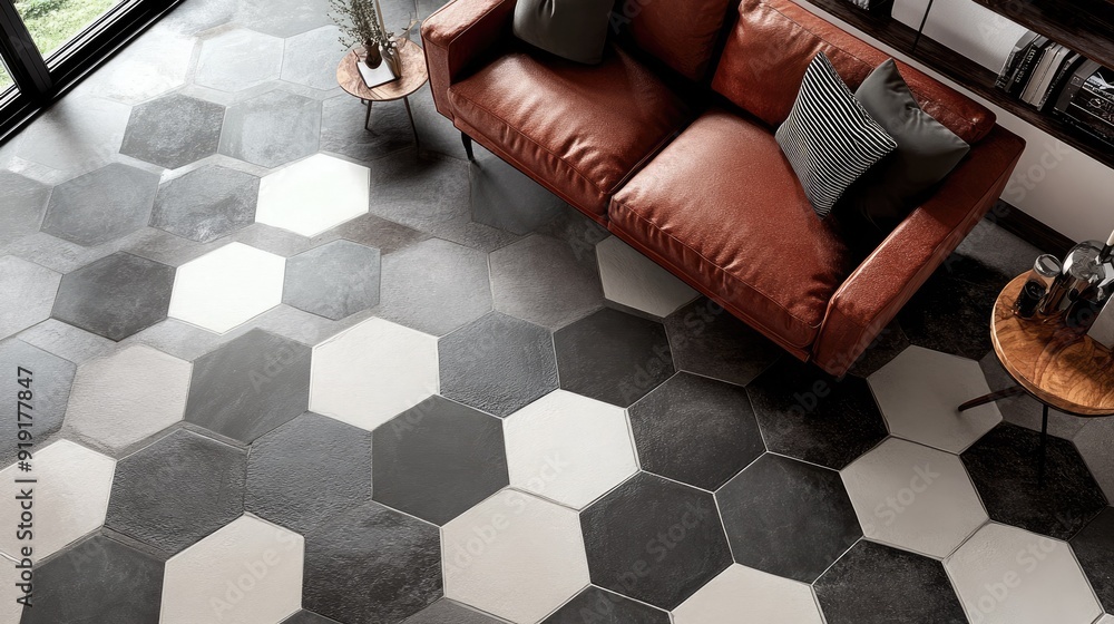 Poster contemporary hexagonal floor tile pattern in monochrome shades, adding a modern touch