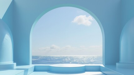 Fototapeta premium Podium for summer product display, sea beach background, 3D render, pastel colors, minimal style.