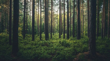 Fototapeta premium Dense pine forest with tall, straight trees and a lush undergrowth