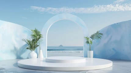 Podium for summer product display, sea beach background, 3D render, pastel colors, minimal style.