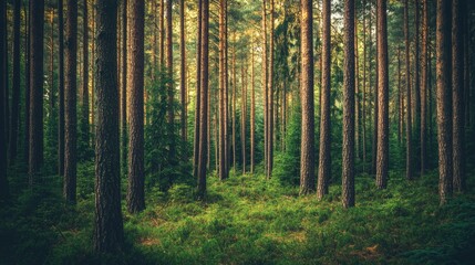 Dense pine forest with tall, straight trees and a lush undergrowth