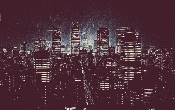 Night City view, Tokyo, New York, Singapore, skyscrapers, photocopy style, halftone, grunge, y2k, 80s, 90s. Dark cyberpunk atmosphere. Future city, science fiction. Background, texture, gradient