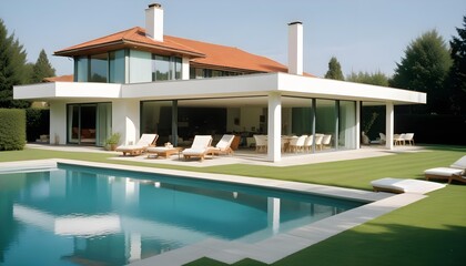 Fototapeta premium A large, modern house with a contemporary open-plan living room adorned with stylish furnishings, overlooking a sparkling pool. The surrounding area includes a verdant green law