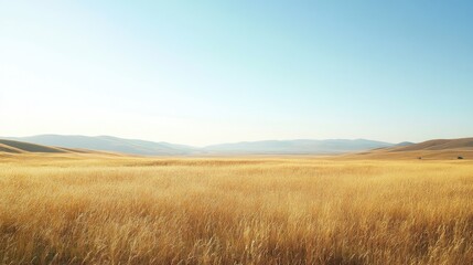 Obraz premium Expansive grassland with golden grasses swaying in the breeze under a clear sky
