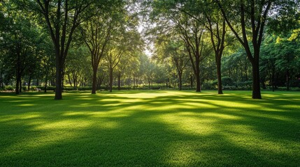 Fototapeta premium Expansive green lawn with a row of tall trees providing shade on a sunny afternoon