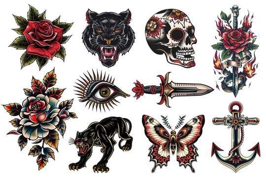 PNG old school tattoo element set, transparent background